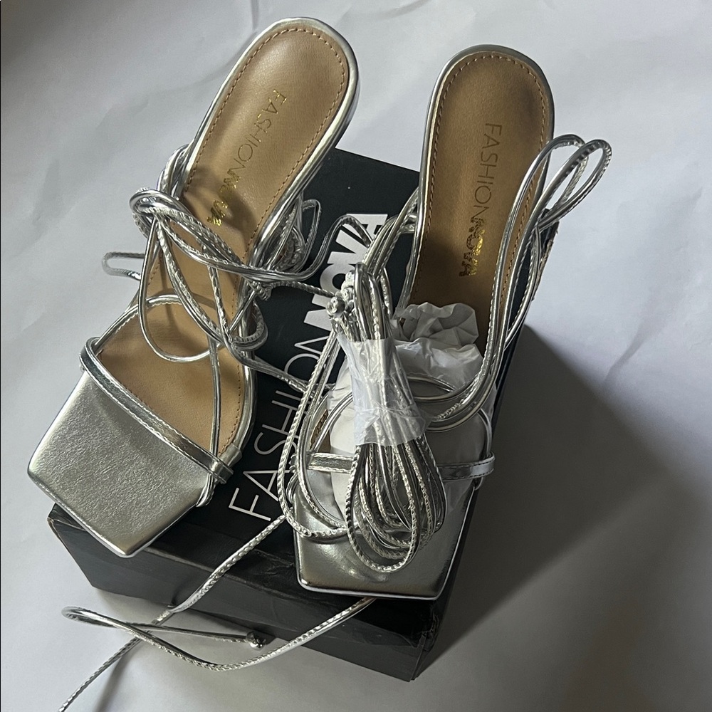 Fashion Nova Metallic Silver Lace-Up Square Toe Heels